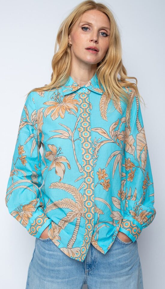 Emily Van Den Bergh - Hemdbluse Leaves / aqua-sand