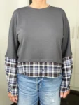 Lagenlook-Shirt Double Layer grau-karo – Vorderansicht