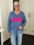 Strickpullover SOHO New York jeansblau-pink – Vorderansicht