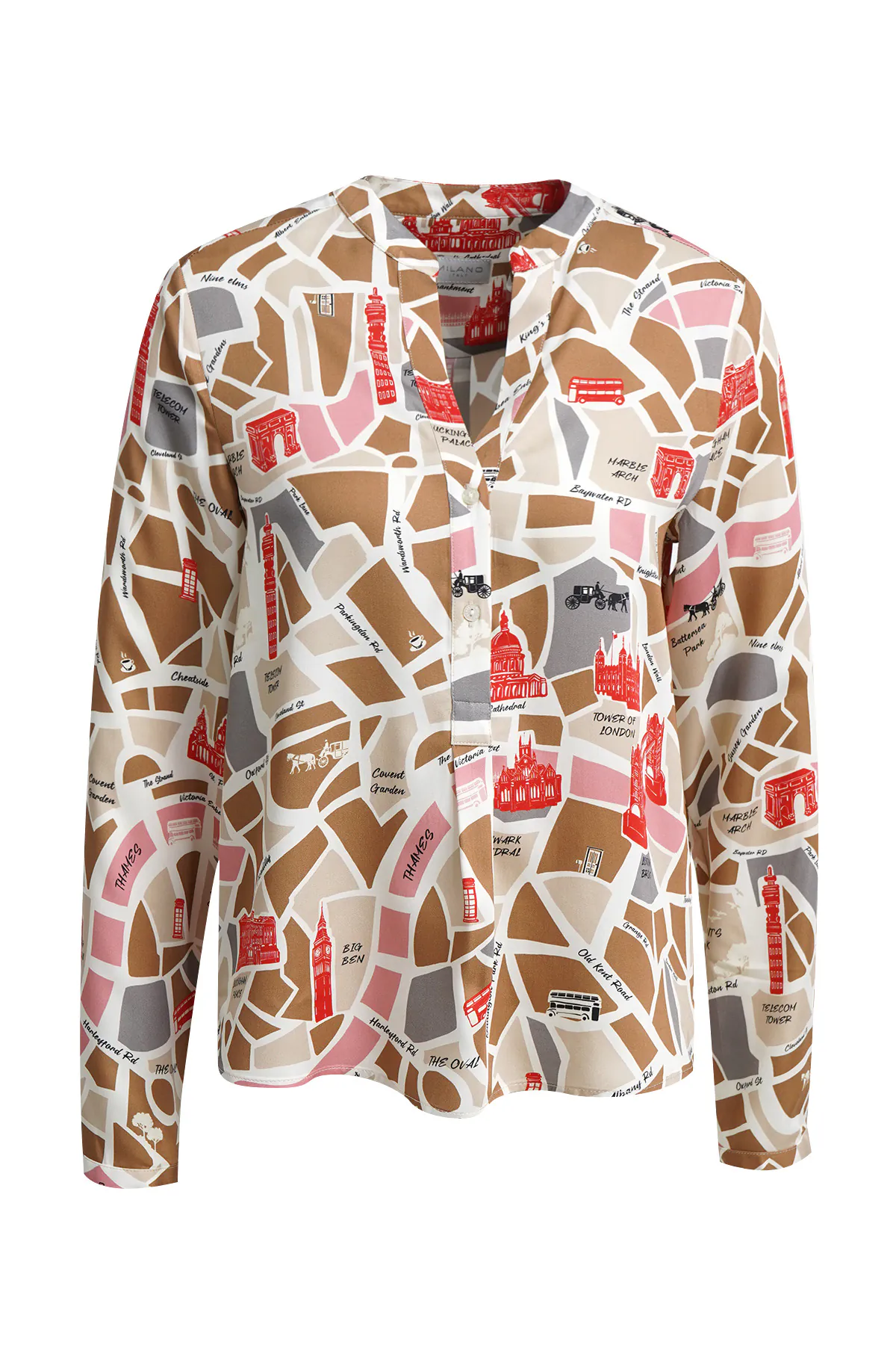 MILANO ITALY Bluse London Map caramel-multicolour - Vorderansicht MILANO ITALY Bluse London Map in caramel-multicolour mit Stadtplan-Print und Stehkragen - Vorderansicht