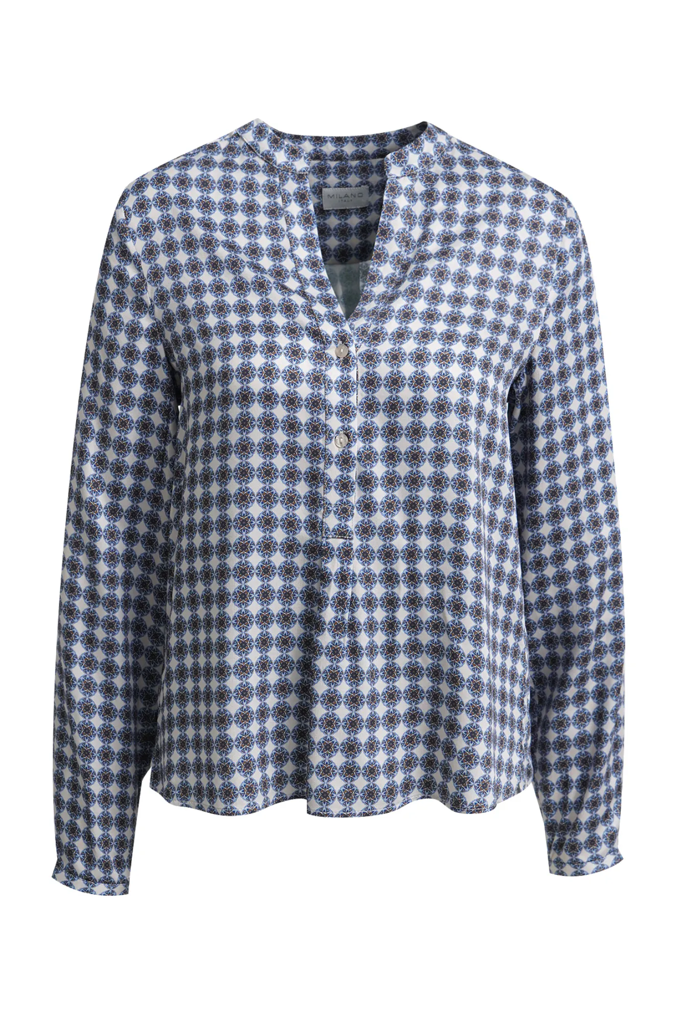 MILANO ITALY Bluse Smoky Mosaic in rauchblau-weiß, Vorderansicht MILANO ITALY Bluse Smoky Mosaic in rauchblau-weiß, Vorderansicht