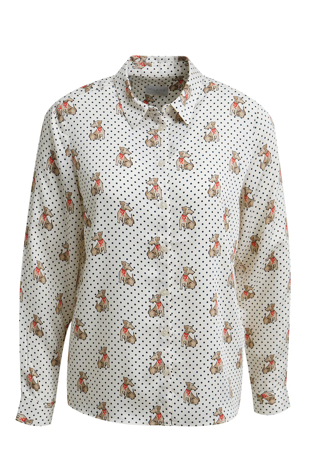 MILANO ITALY Hemdbluse Happy Dogs creme-multicolour - Vorderansicht MILANO ITALY Hemdbluse Happy Dogs in creme mit Hunde-Print und Punkten - Vorderansicht