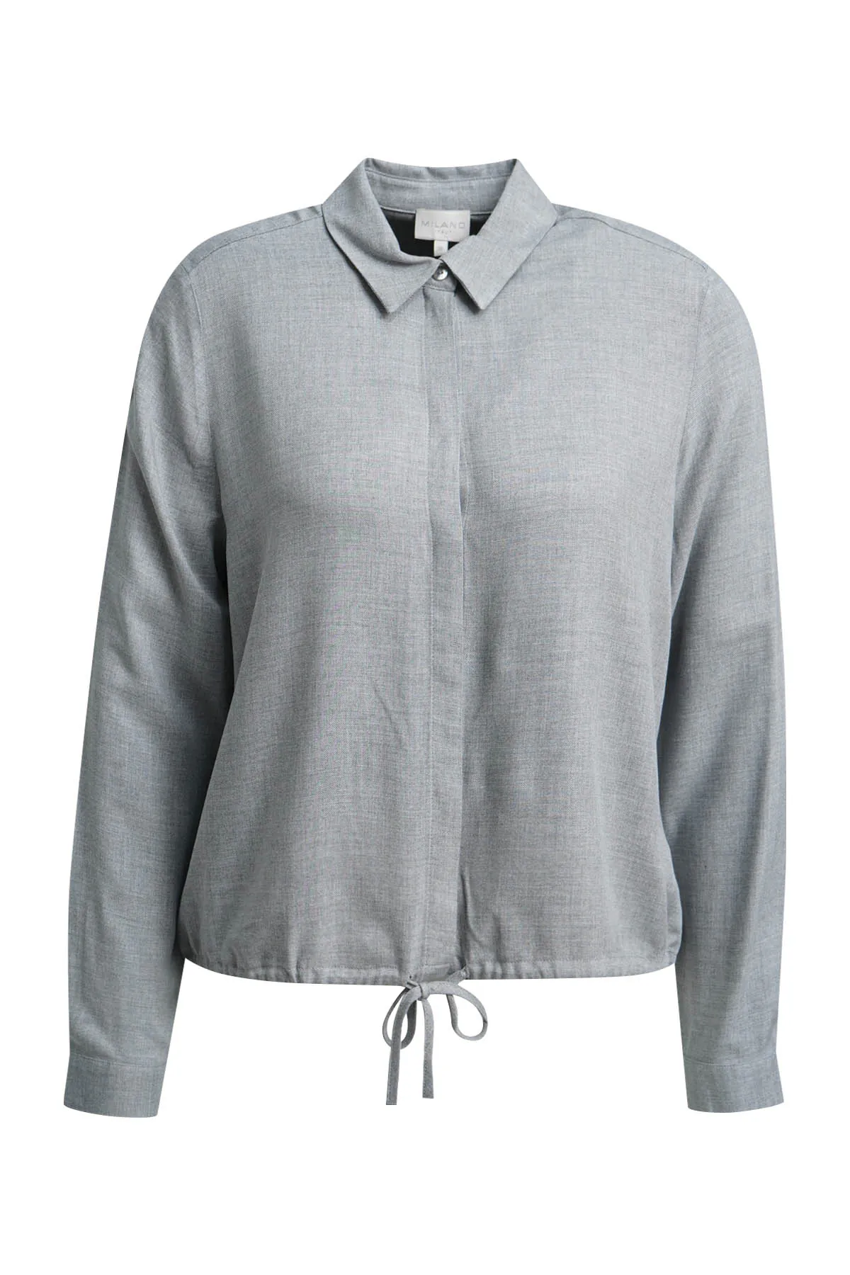 MILANO ITALY Hemdbluse Soft Grey grau-meliert - Vorderansicht MILANO ITALY Hemdbluse Soft Grey in grau meliert mit Bindeband am Saum - Vorderansicht