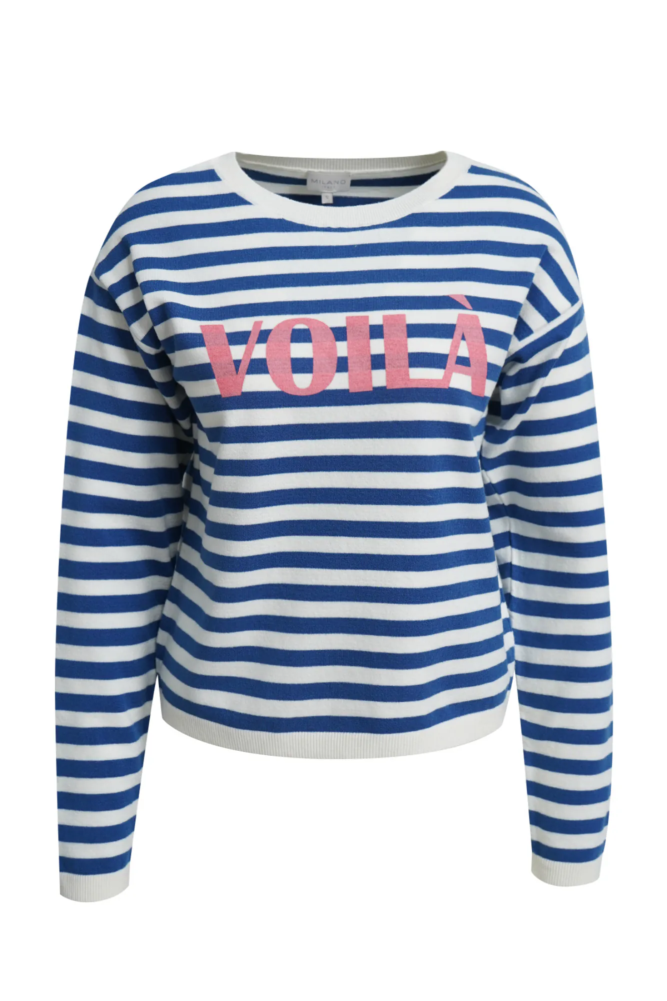 MILANO ITALY Ringelpullover Voilà in blau-weiß, Vorderansicht MILANO ITALY Ringelpullover Voilà in blau-weiß, Vorderansicht
