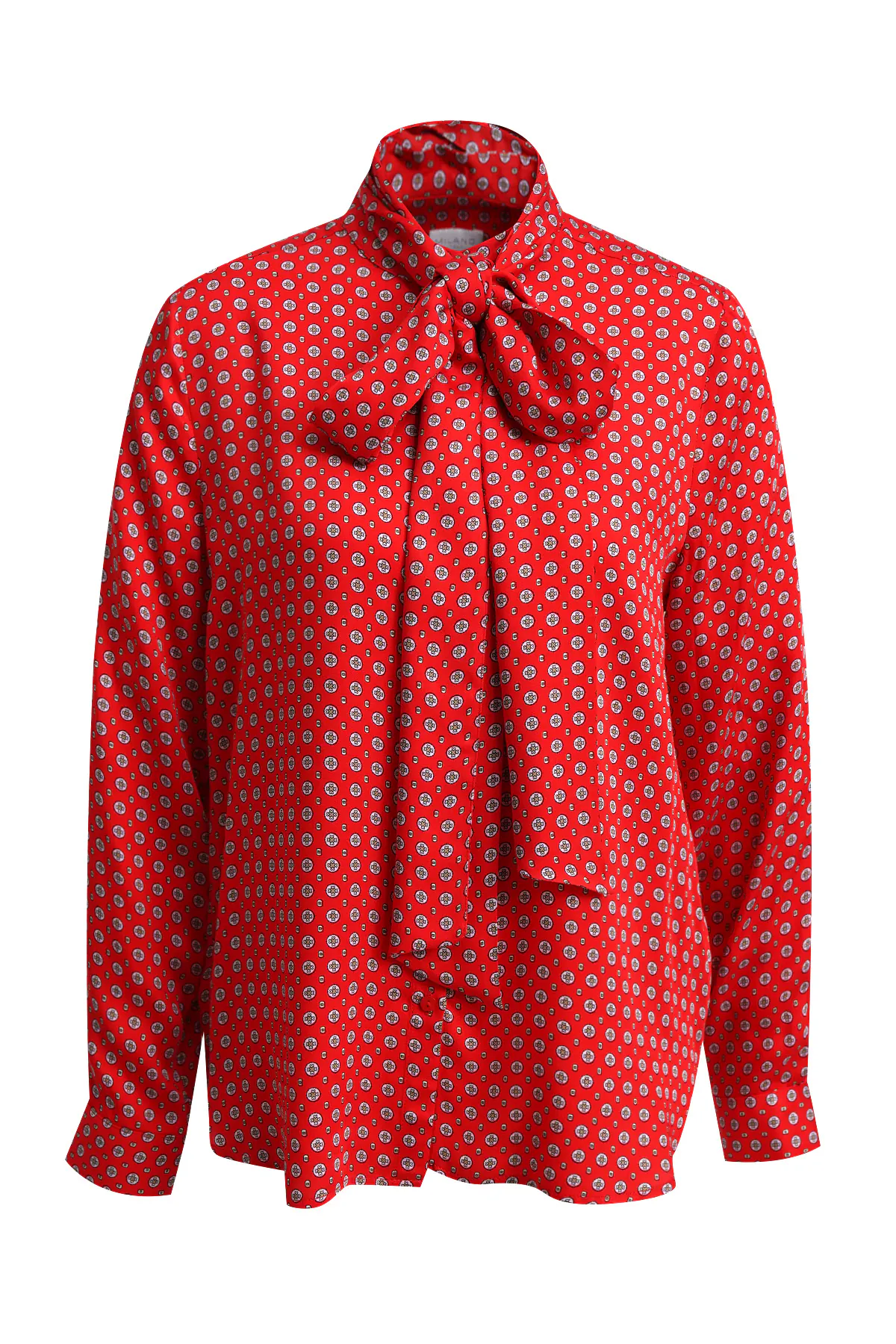 MILANO ITALY Schluppenbluse Chili rot-weiß - Vorderansicht MILANO ITALY Schluppenbluse Chili in rot-weiß mit Medaillon-Print und Schluppe - Vorderansicht